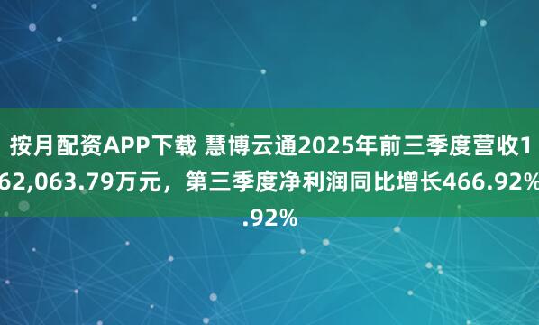 按月配资APP下载 慧博云通2025年前三季度营收162,063.79万元，第三季度净利润同比增长466.92%